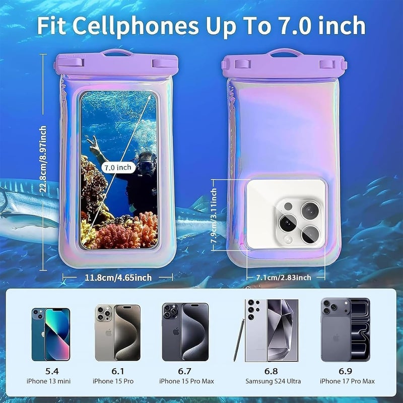 Foweroty Floatable Waterproof Phone Pouch Case for iPhone 17 16 Pro Max/15/14/13/12, IP68 Travel Cellphone Dry Bag Beach Cruise Ship Essentials Bags with Crossbody Lanyard, Iridescent Purple - 7″ - Image 3